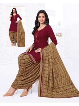 Zeepkart - Vichitra Cotton Blend Maroon Embroidered Printed Unstitched Dress Material (Set of 3)