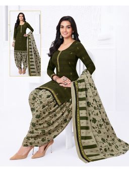 Zeepkart - Vichitra Cotton Blend Olive Embroidered Printed Unstitched Dress Material (Set of 3)