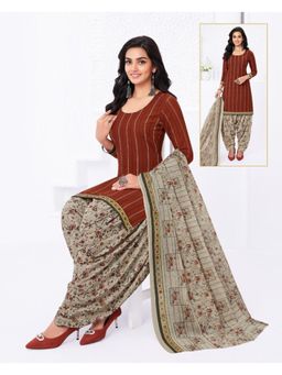 Zeepkart - Vichitra Cotton Blend Orange Embroidered Printed Unstitched Dress Material (Set of 3)