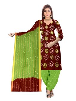 Zeepkart - Vichitra Cotton Blend Brown Bandhani Unstitched Dress Material (Set of 3)
