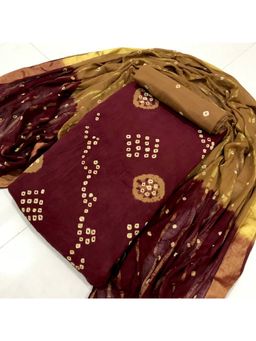 Zeepkart - Vichitra Cotton Blend Maroon Bandhani Unstitched Dress Material (Set of 3)