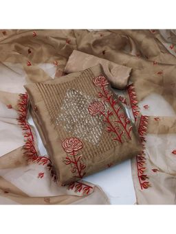 Zeepkart - Vichitra Silk Blend Brown Embroidered Sequined Unstitched Dress Material (Set of 3)