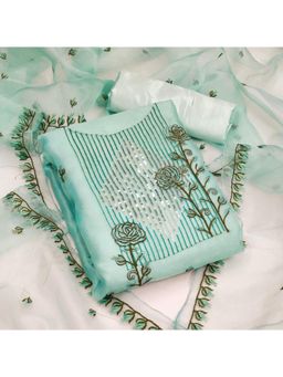 Zeepkart - Vichitra Silk Blend Turquoise Embroidered Sequined Unstitched Dress Material (Set of 3)