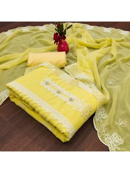 Zeepkart - Vichitra Georgette Yellow Embroidered Sequined Unstitched Dress Material (Set of 3)