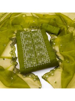 Zeepkart - Vichitra Organza Silk Green Embroidered Sequined Unstitched Dress Material (Set of 3)