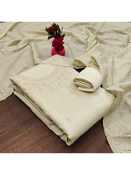 Zeepkart - Vichitra Cotton Blend Cream Embroidered Sequined Unstitched Dress Material (Set of 3)