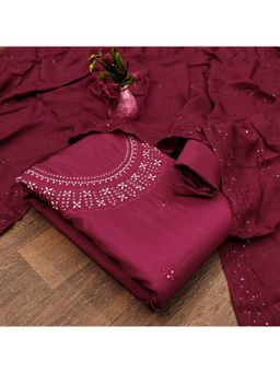 Zeepkart - Vichitra Cotton Blend Wine Embroidered Sequined Unstitched Dress Material (Set of 3)