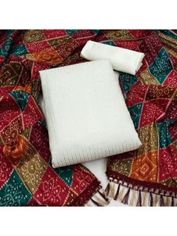 Zeepkart - Vichitra Chanderi White Embroidered Sequined Unstitched Dress Material (Set of 3)