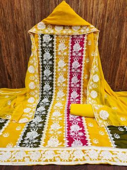 Zeepkart - Vichitra Georgette Yellow Embroidered Thread Work Unstitched Dress Material (Set of 3)