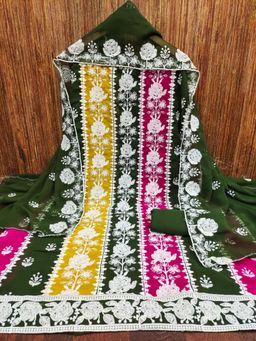 Zeepkart - Vichitra Georgette Green Embroidered Thread Work Unstitched Dress Material (Set of 3)