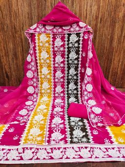 Zeepkart - Vichitra Georgette Pink Embroidered Thread Work Unstitched Dress Material (Set of 3)