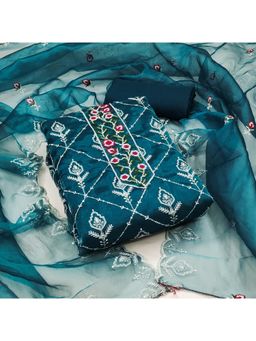 Zeepkart - Vichitra Organza Silk Blue Embroidered Sequined Unstitched Dress Material (Set of 3)