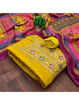 Zeepkart - Vichitra Chinon Yellow Embroidered Sequined Unstitched Dress Material (Set of 3)