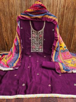 Zeepkart - Vichitra Chinon Purple Embroidered Sequined Unstitched Dress Material (Set of 3)