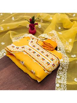 Zeepkart - Vichitra Organza Silk Gold Embroidered Lace Work Unstitched Dress Material (Set of 3)