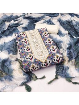 Zeepkart - Vichitra Cotton Blend Blue Printed Gota Unstitched Dress Material (Set of 3)