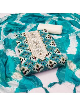 Zeepkart - Vichitra Cotton Blend Turquoise Printed Gota Unstitched Dress Material (Set of 3)