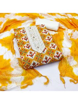 Zeepkart - Vichitra Cotton Blend Yellow Printed Gota Unstitched Dress Material (Set of 3)