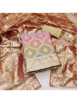 Zeepkart - Vichitra Organza Silk Beige Sequined Gota Unstitched Dress Material (Set of 3)