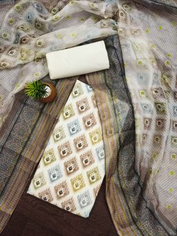 Zeepkart - Vichitra Cotton Blend Brown Printed Unstitched Dress Material (Set of 3)