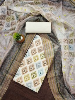 Zeepkart - Vichitra Cotton Blend Brown Printed Unstitched Dress Material (Set of 3)