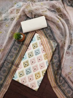 Zeepkart - Vichitra Cotton Blend Peach Printed Unstitched Dress Material (Set of 3)