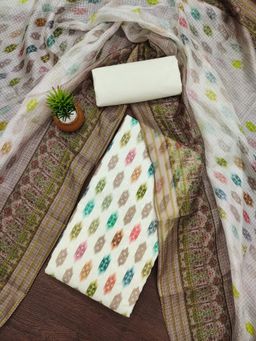 Zeepkart - Vichitra Cotton Blend Brown Printed Unstitched Dress Material (Set of 3)