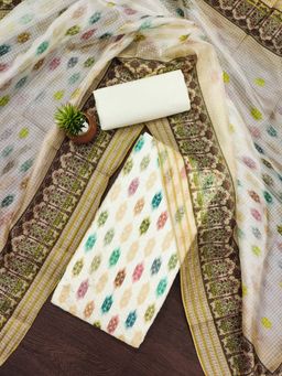 Zeepkart - Vichitra Cotton Blend Cream Printed Embroidered Unstitched Dress Material (Set of 3)