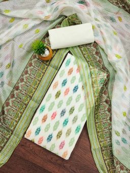 Zeepkart - Vichitra Cotton Blend Green Printed Embroidered Unstitched Dress Material (Set of 3)