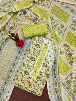 Zeepkart - Vichitra Cotton Blend Green Floral Lace Work Unstitched Dress Material (Set of 3)