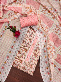 Zeepkart - Vichitra Cotton Blend Pink Floral Lace Work Unstitched Dress Material (Set of 3)