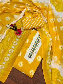 Zeepkart - Vichitra Cotton Blend Yellow Printed Mirror Work Unstitched Dress Material (Set of 3)