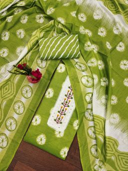 Zeepkart - Vichitra Cotton Blend Green Printed Mirror Work Unstitched Dress Material (Set of 3)