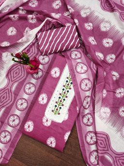 Zeepkart - Vichitra Cotton Blend Pink Printed Mirror Work Unstitched Dress Material (Set of 3)