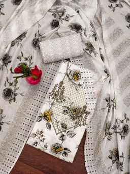 Zeepkart - Vichitra Cotton Blend White Grey Floral Sequined Unstitched Dress Material (Set of 3)