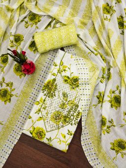 Zeepkart - Vichitra Cotton Blend White Green Floral Sequined Unstitched Dress Material (Set of 3)