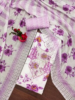 Zeepkart - Vichitra Cotton Blend White Purple Floral Sequined Unstitched Dress Material (Set of 3)