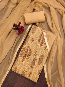 Zeepkart - Vichitra Georgette Beige Embroidered Sequined Unstitched Dress Material (Set of 3)