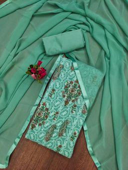 Zeepkart - Vichitra Georgette Turquoise Embroidered Sequined Unstitched Dress Material (Set of 3)