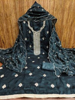 Zeepkart - Vichitra Silk Blend Black Embroidered Thread Work Unstitched Dress Material (Set of 3)