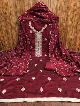 Zeepkart - Vichitra Silk Blend Maroon Embroidered Thread Work Unstitched Dress Material (Set of 3)