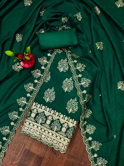 Zeepkart - Vichitra Silk Blend Green Embroidered Sequined Unstitched Dress Material (Set of 3)