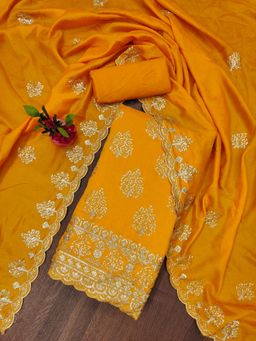 Zeepkart - Vichitra Silk Blend Mustard Embroidered Sequined Unstitched Dress Material (Set of 3)