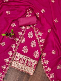 Zeepkart - Vichitra Silk Blend Pink Embroidered Sequined Unstitched Dress Material (Set of 3)