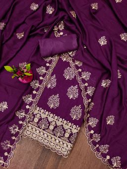 Zeepkart - Vichitra Silk Blend Purple Embroidered Sequined Unstitched Dress Material (Set of 3)