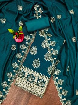 Zeepkart - Vichitra Silk Blend Blue Embroidered Sequined Unstitched Dress Material (Set of 3)