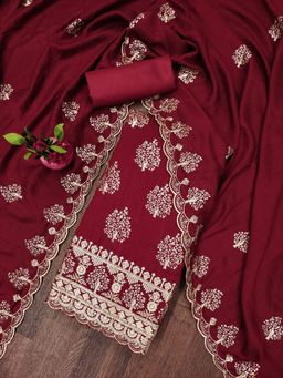 Zeepkart - Vichitra Silk Blend Maroon Embroidered Sequined Unstitched Dress Material (Set of 3)