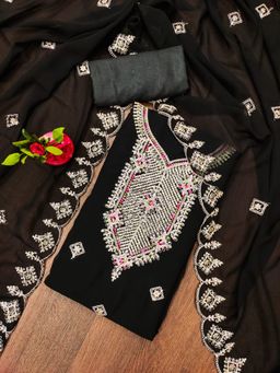 Zeepkart - Vichitra Georgette Black Embroidered Unstitched Dress Material (Set of 3)