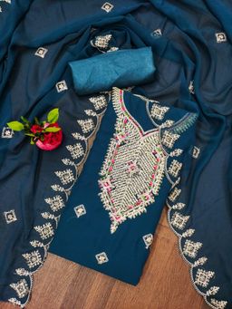 Zeepkart - Vichitra Georgette Blue Embroidered Unstitched Dress Material (Set of 3)