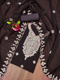 Zeepkart - Vichitra Georgette Brown Embroidered Unstitched Dress Material (Set of 3)